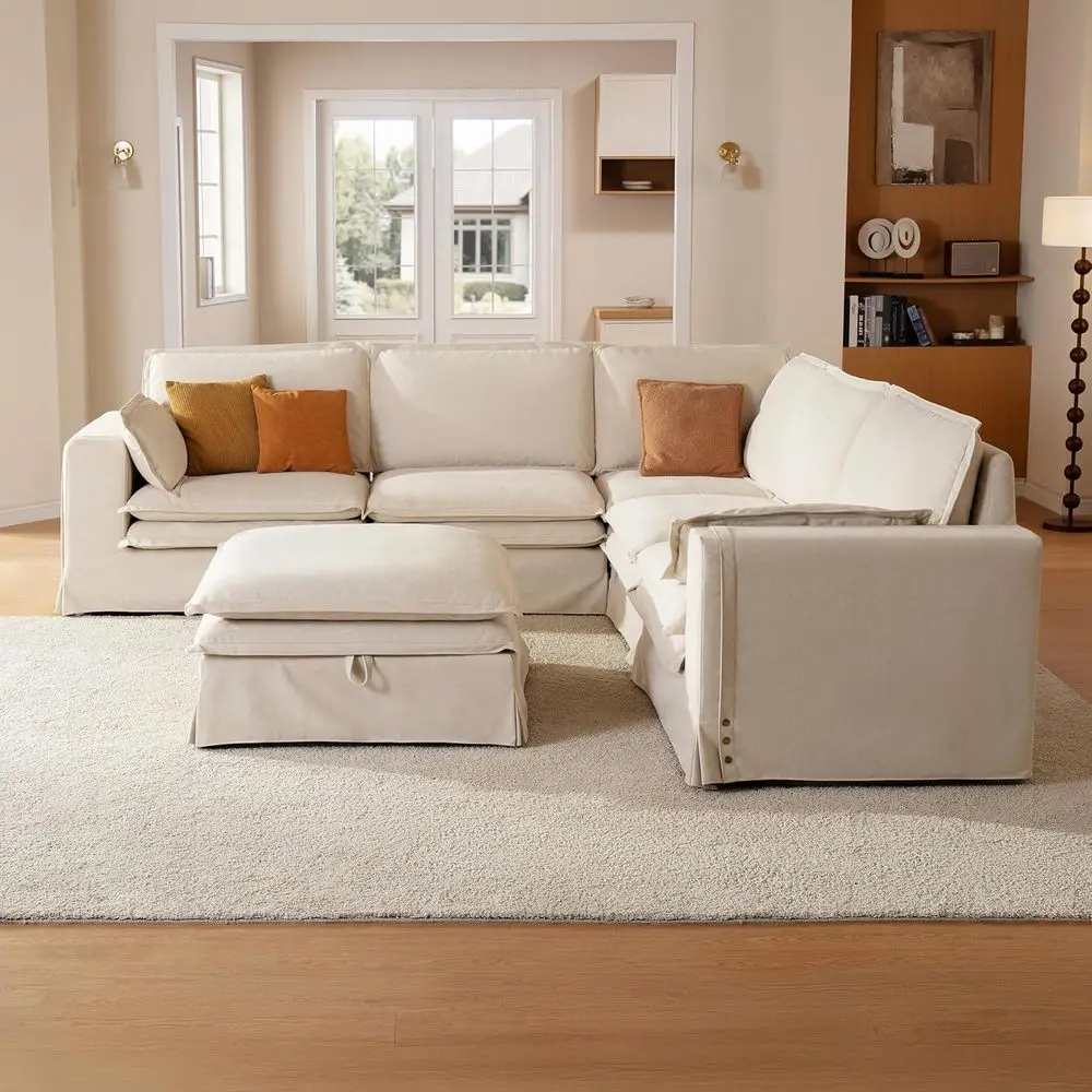 

Washable Oversized Sectional Sofa with Removable Cover, Beige, 6-Seat Cloud Couch, V-Shaped with Ottoman