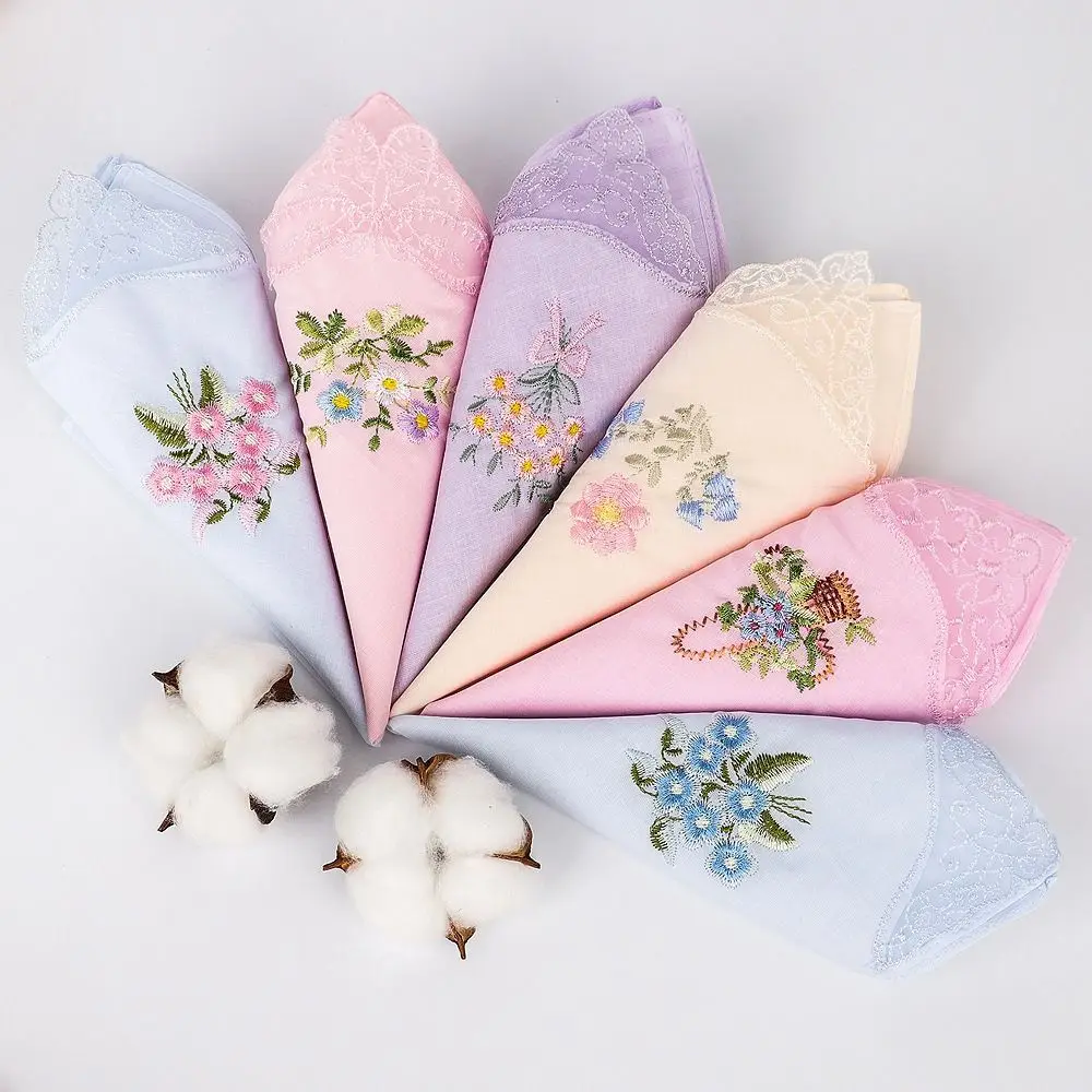 

Elegant Cotton Square Handkerchief Reusable Soft Embroidered Floral Cloth Lace Flower Hanky For Women