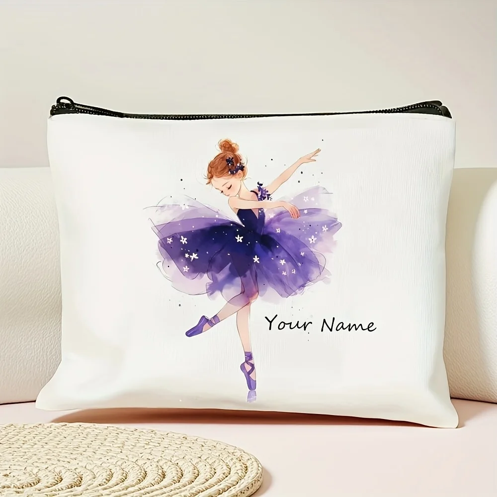 Customizable Name Cute Purple Twin Tails Ballet Themed Design Adorable Hand Makeup Bag Durable Reusable Zippered Pencil Case