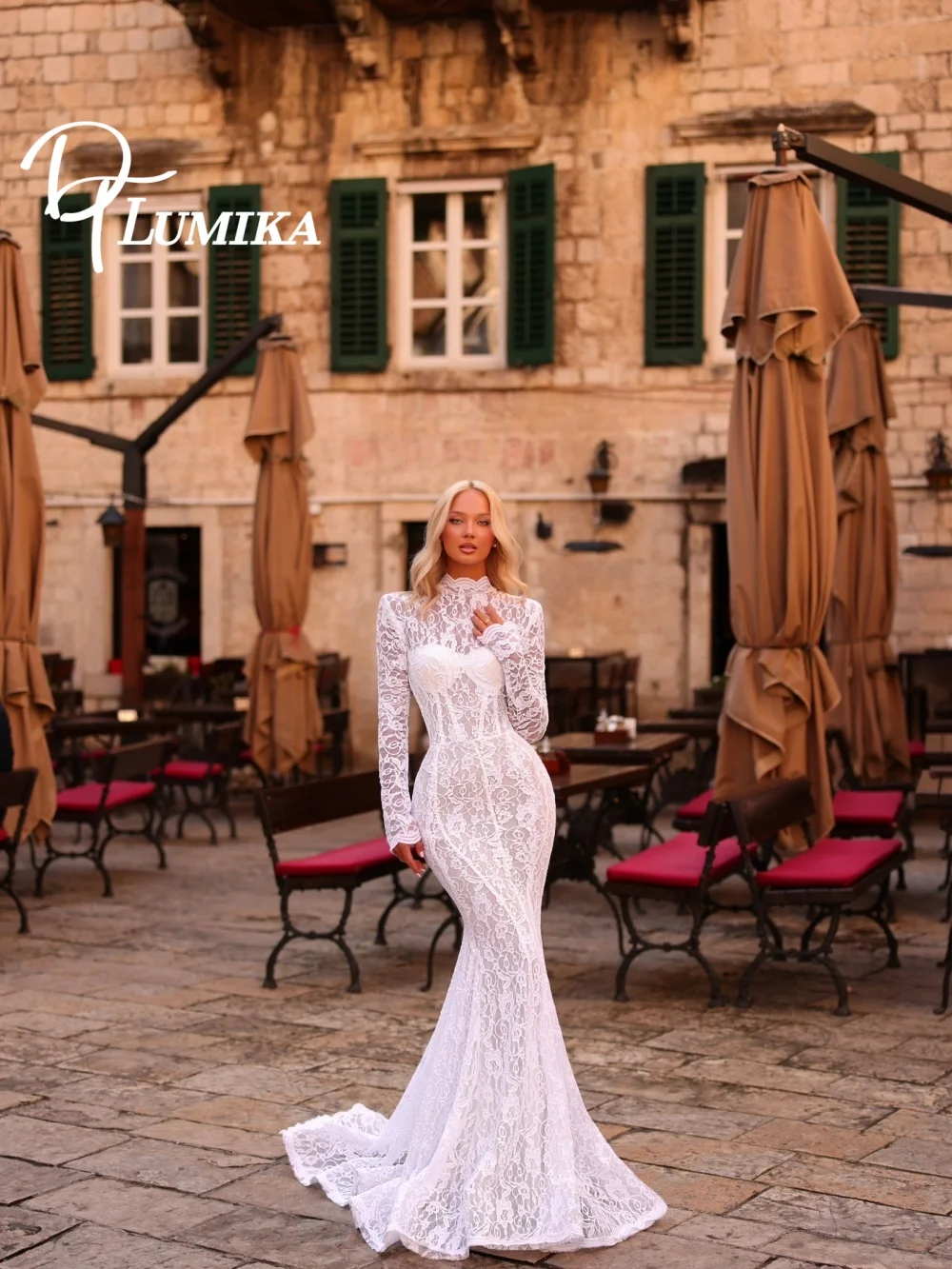 Seksowna suknia ślubna z wysokim dekoltem i koronką 2026, romantyczna suknia ślubna, seksowna suknia ślubna typu syrena do ziemi, suknia ślubna.