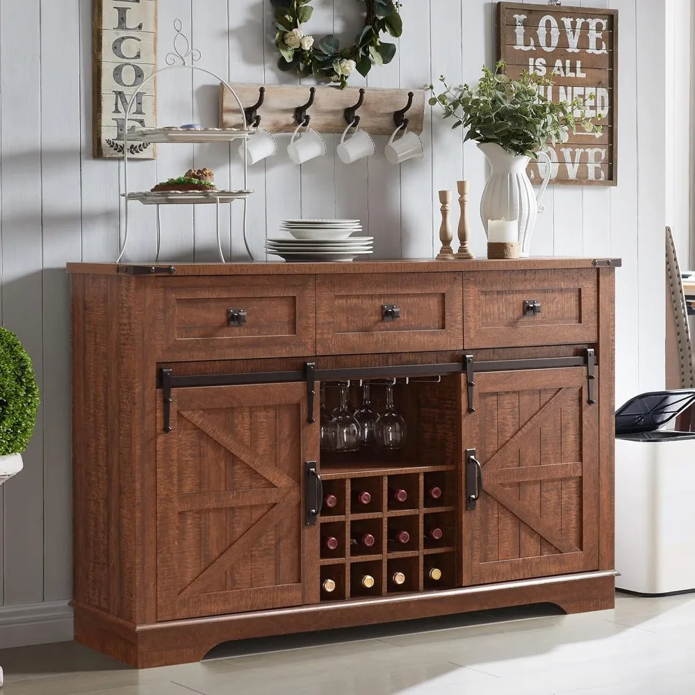 

Farmhouse Wine Bar Cabinet w/Sliding Barn Door, 54" Kitchen Coffee Bar Cabinet w/Wine & Glass Rack, Storage Shelves