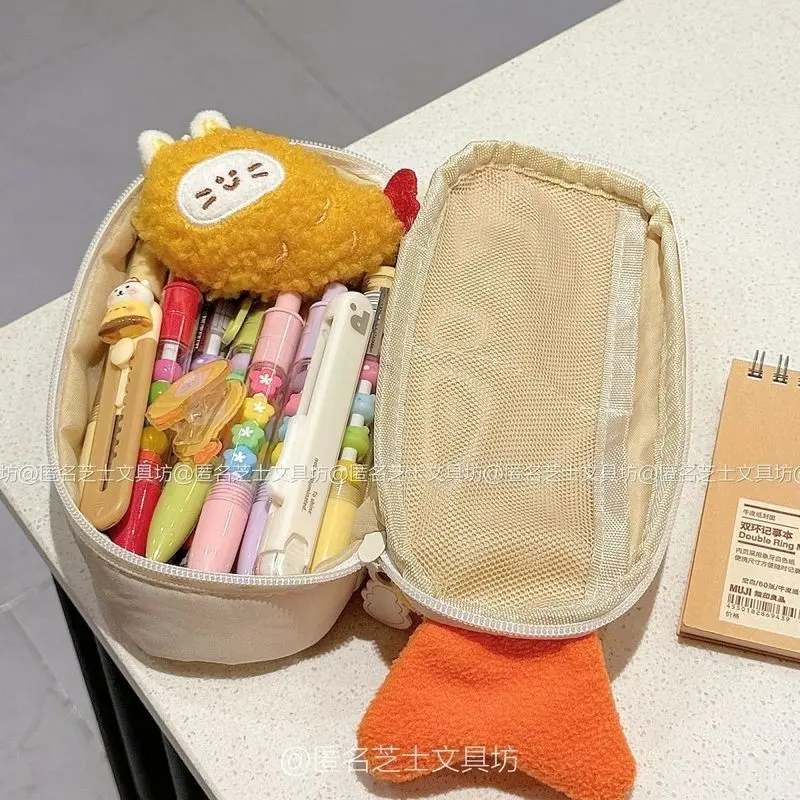

New Fried Shrimp Pencil Case Salmon Cute Cartoon Stationery New High-Value Plush Large-Capacity Storage Bag Storage Bag Female
