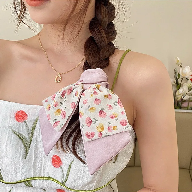 Korea Floral Bow Scrunchies For Women Satin Long Ribbon Ponytail Scarf Girls Hair Bobbles Print Elastic Hair Bands Accessories