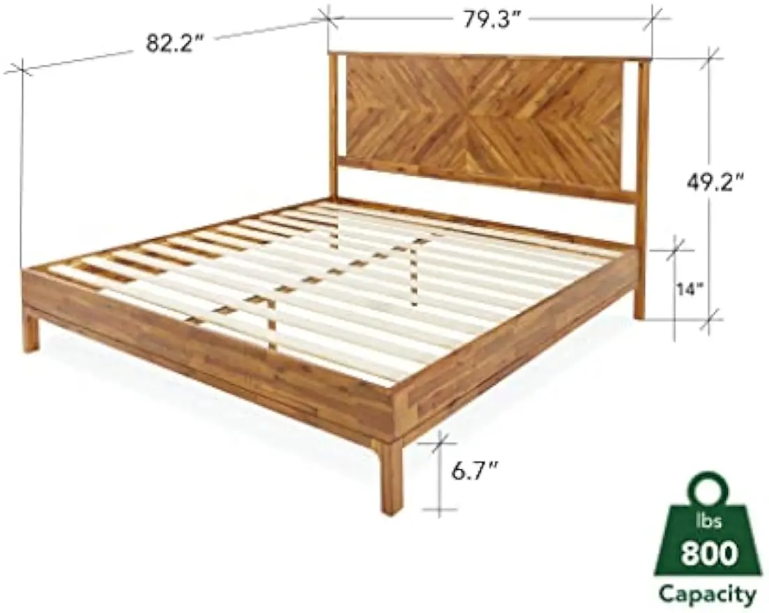 Vivian 14 Inch Deluxe Bed Frame with Headboard, Rustic & Scandinavian Style with Solid Acacia Wood, No Box Spring Needed