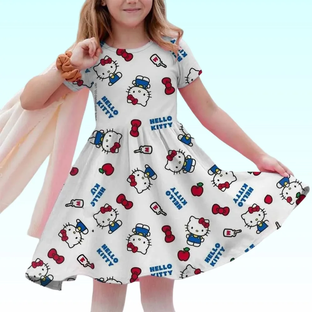 

MINISO New Summer Dress Fashion Cartoon Cute Hellokitty 3D Print Dresses Kids Short Sleeve Princess Girls Party Children Clothes