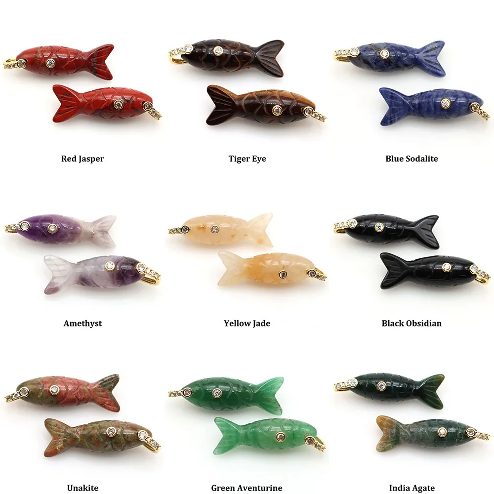 Natural Stone Carved Fish Shape Zircon Paved Crystals Amethyst Jade Rose Quartz Goldfish Koi Fish for DIY Jewelry Accessories