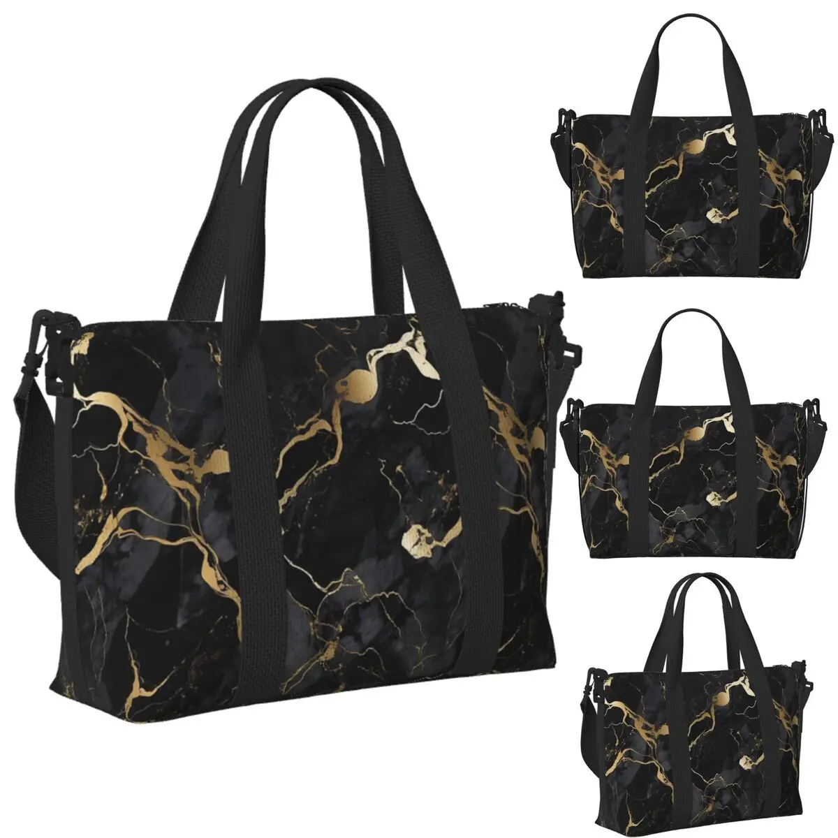 

Custom Classic Black And Gold Marble Beach Travel Bag Large Capacity Tote Bags for Gym Sport Women Shopping Duffle Shoulder Bag