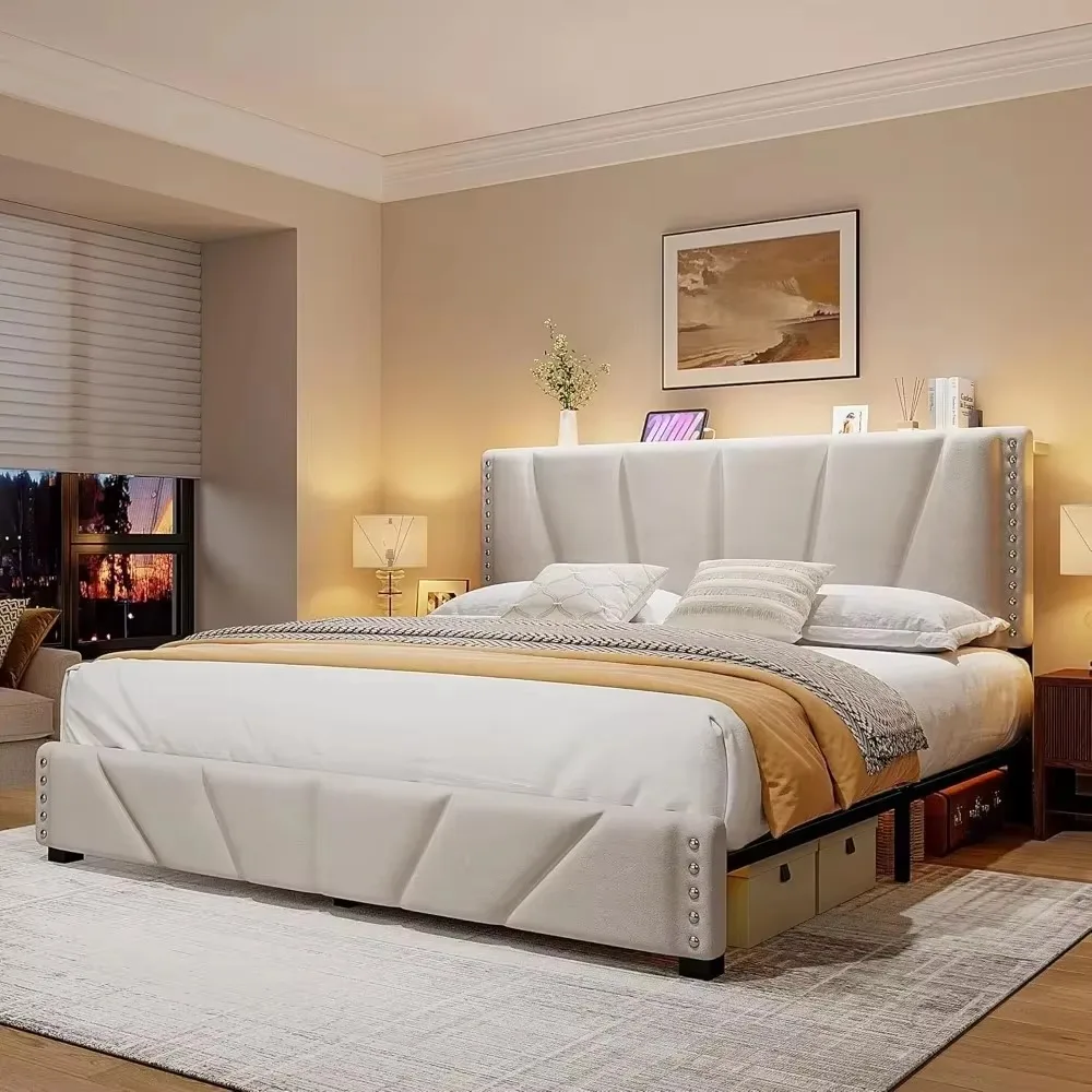King Size Bed Frame, Storage Headboard Platform Bed with Charging Station and LED Lights, Sturdy Wooden Slats Support image 5