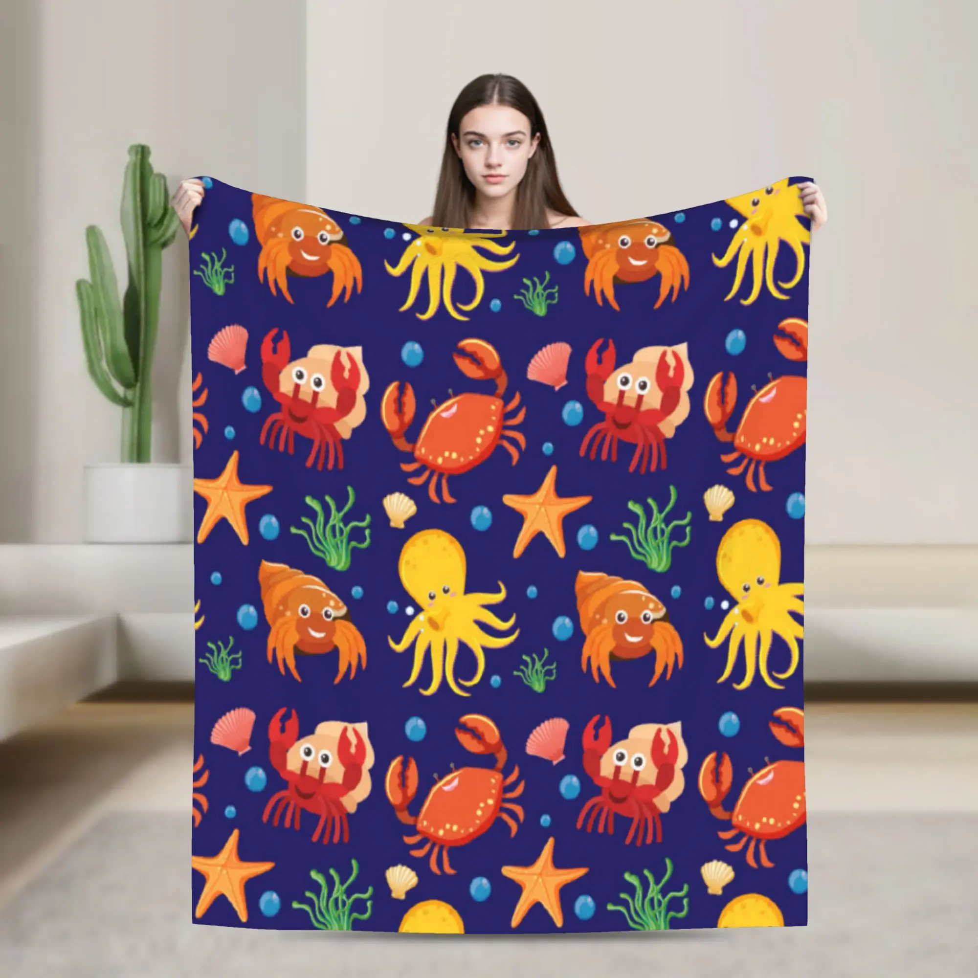 Marine Life With Crabs, Octopuses, And Shells Plush Blankets Girls Boys  Flannel Throw Blanket For Bedroom Warm Bedspread