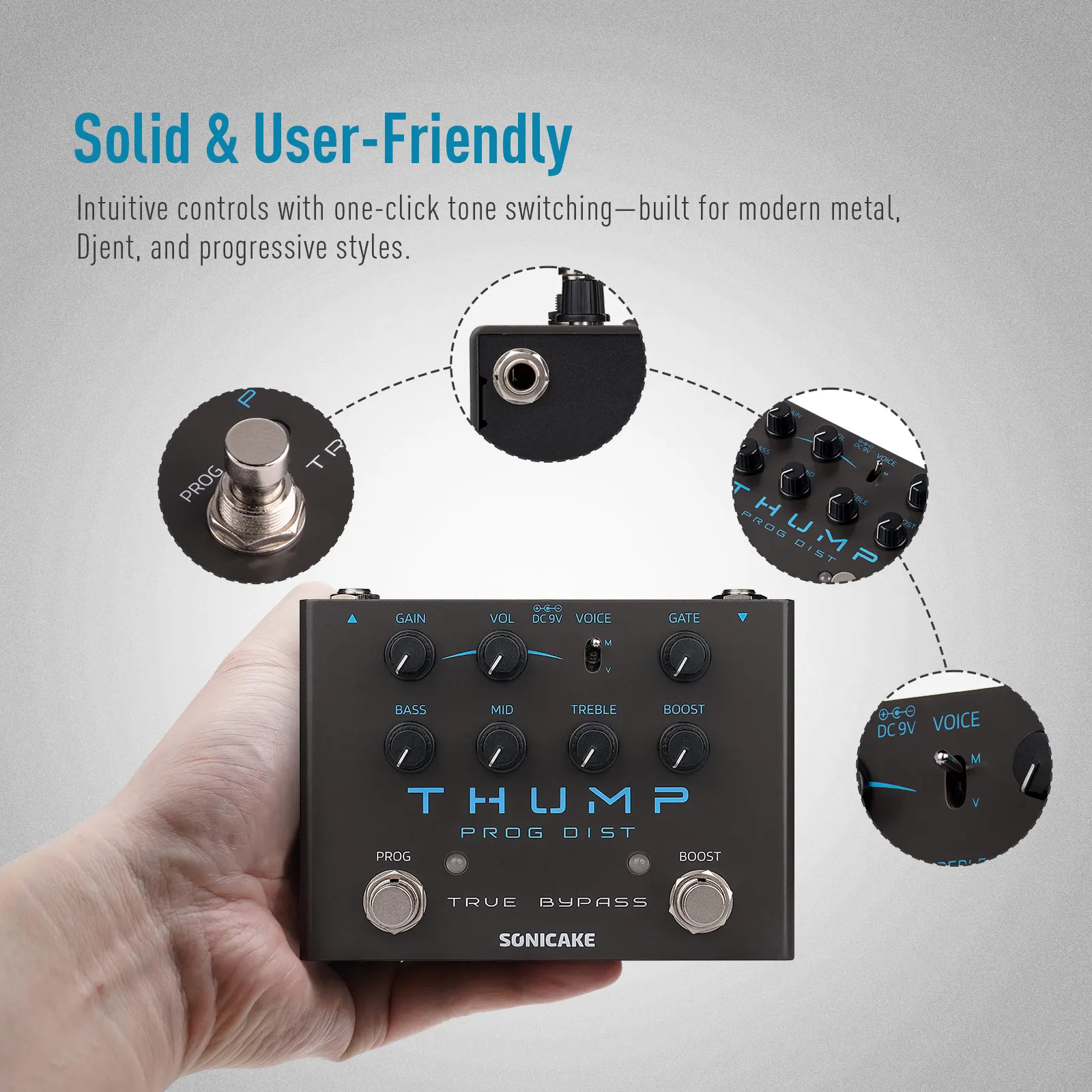 SONICAKE Thump Pure Analog High-Gain Distortion Guitar Effects Pedal 2 Tone Modes Modern & Vintage True Bypass QDS-09 image 6