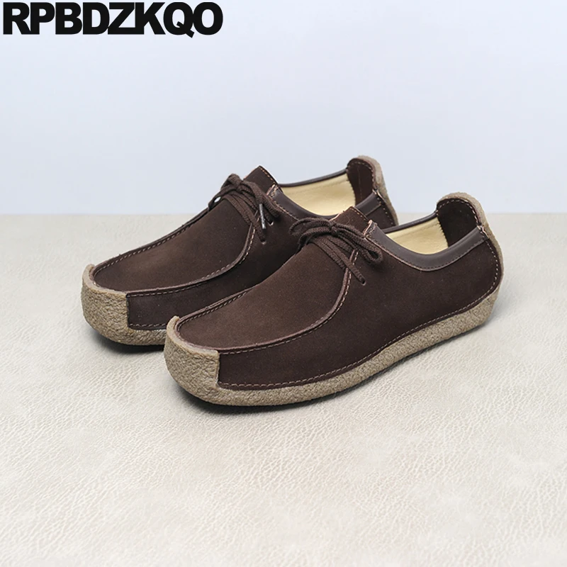 Brown Round Toe Rubber Sole Autumn Nubuck Driving Comfortable Plain Real Leather Solid Men Flats Soft Lace Up Wallabees Shoes