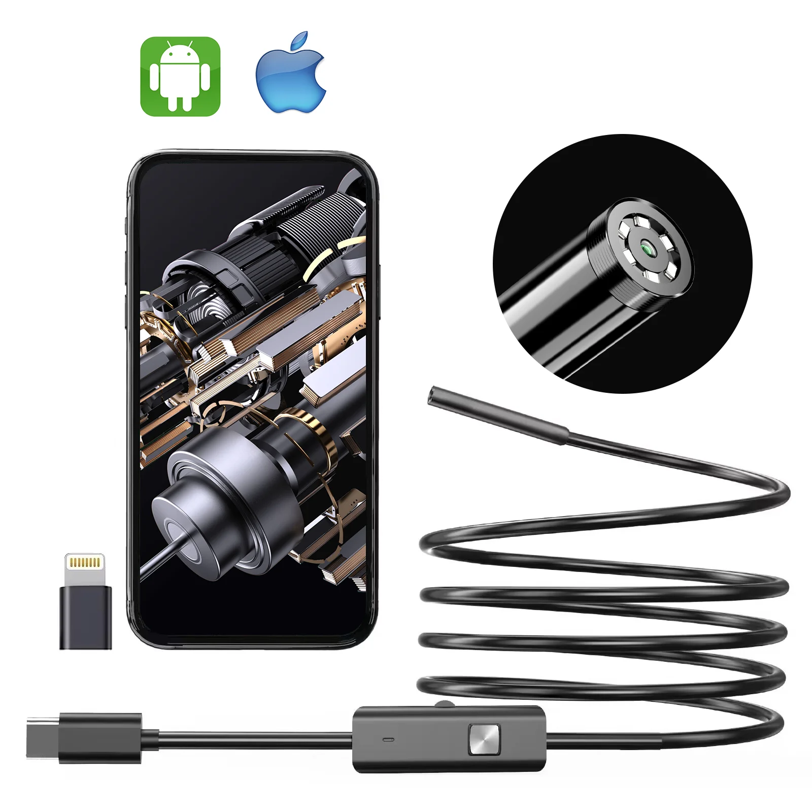 USB C Endoscope for iPhone 8mm Borescope Inspection Snake Camera Waterproof Semi-Rigid Cord with LED Compatible with IOS Android