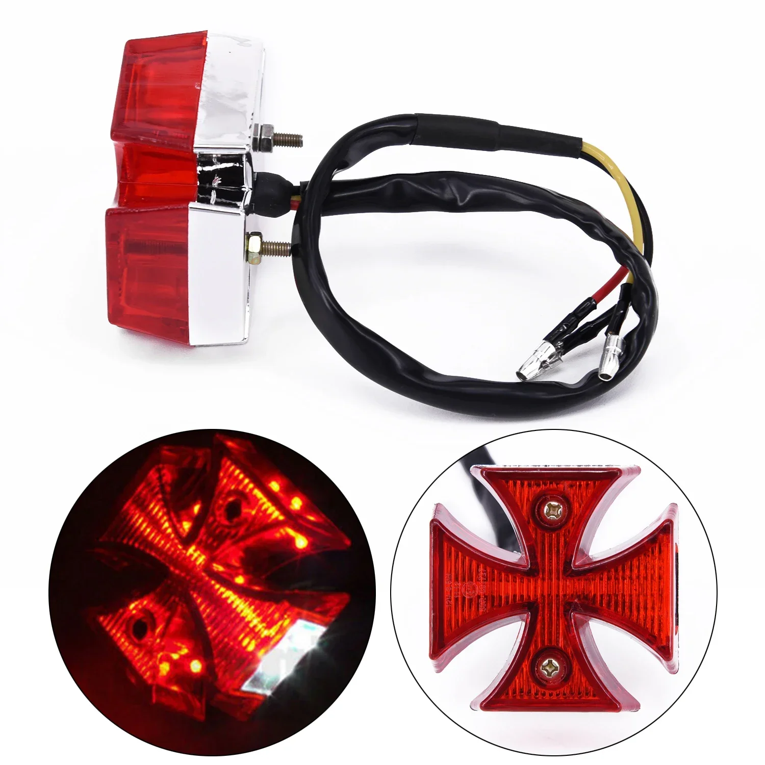 DC12V دراجة نارية الذيل ضوء كروم ABS المحيطي عدسة حمراء الكلاسيكية المالطية عبر شكل الفرامل تشغيل ضوء لوحة ترخيص الخفيفة
