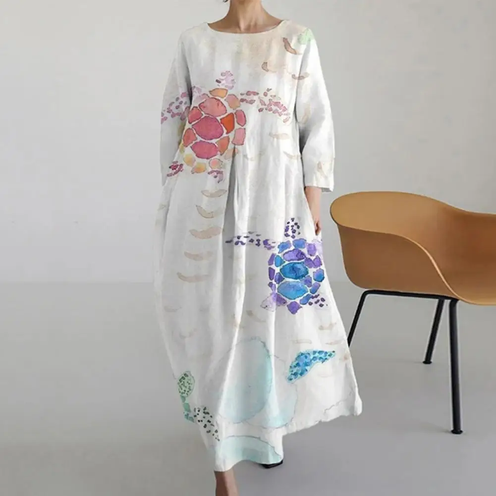 

Summer Women Maxi Dress Colorful Printing Three Quarter Sleeve Round Neck Loose A-line Big Hem Side Pockets Vacation Long Dress