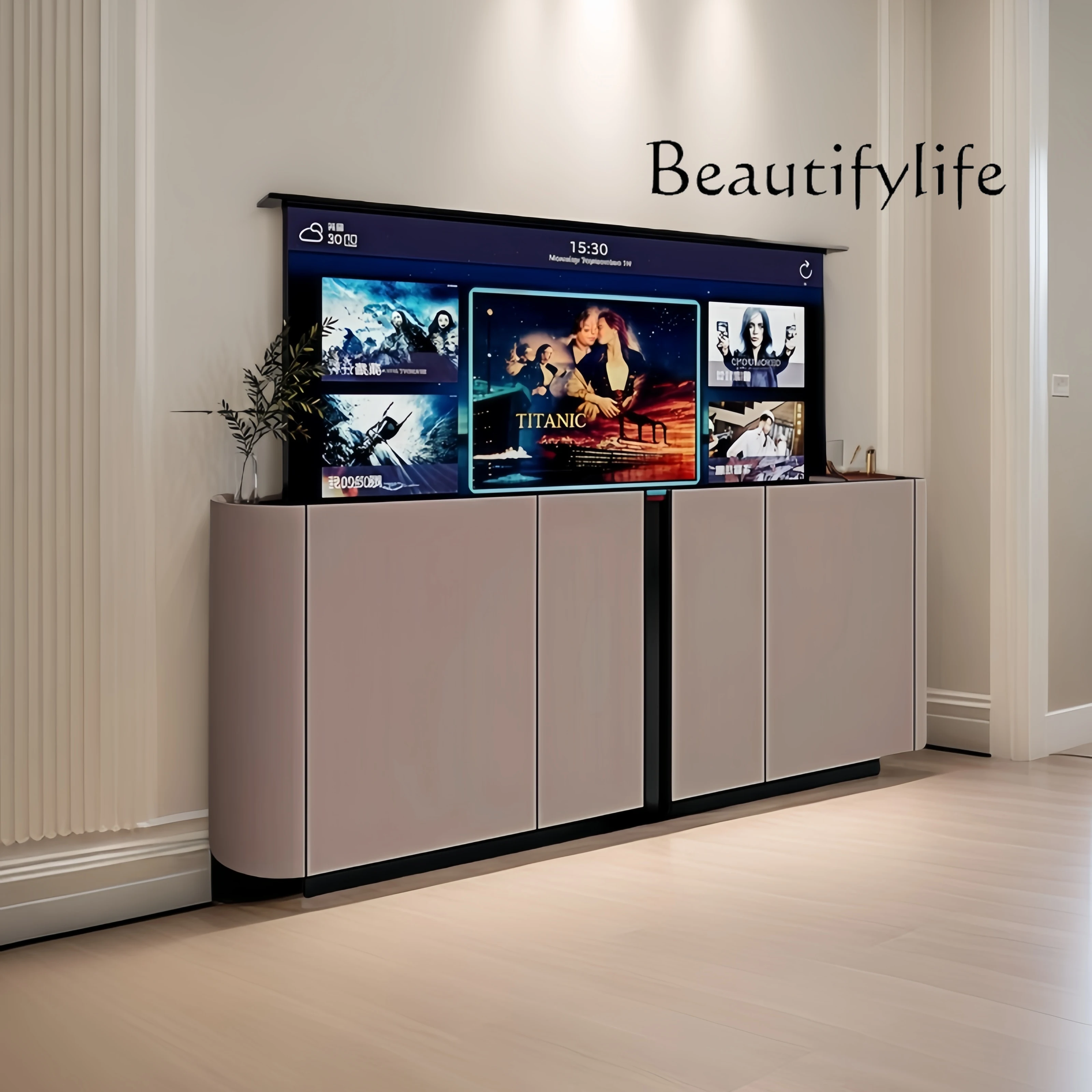 

integrated hidden living room partition TV cabinet Italian light luxury electric remote control lifting TV cabinet