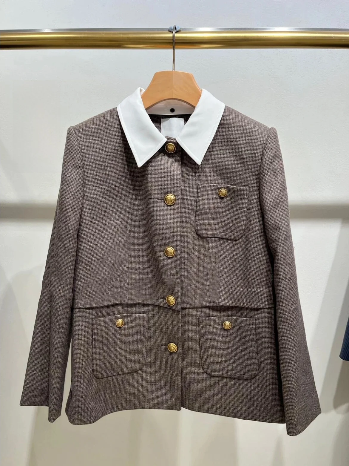 

Heidd Autumn Winter Removable Collar Gold Buckle Plaid Jacket Elegant Style Women's Suiting Polyester Fiber Long Sleeve