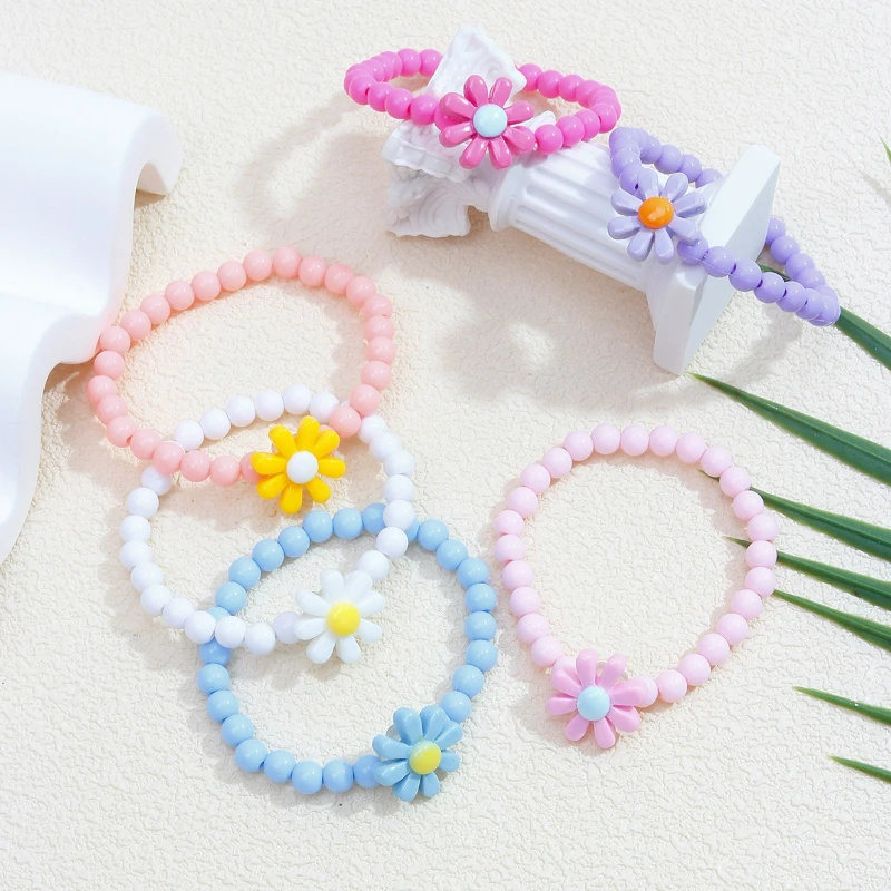 

6, набор акриловых браслетов ручной работы из бисера в форме сердца с милыми цветами для девочек, серия разноцветных цветов, детские аксессуары