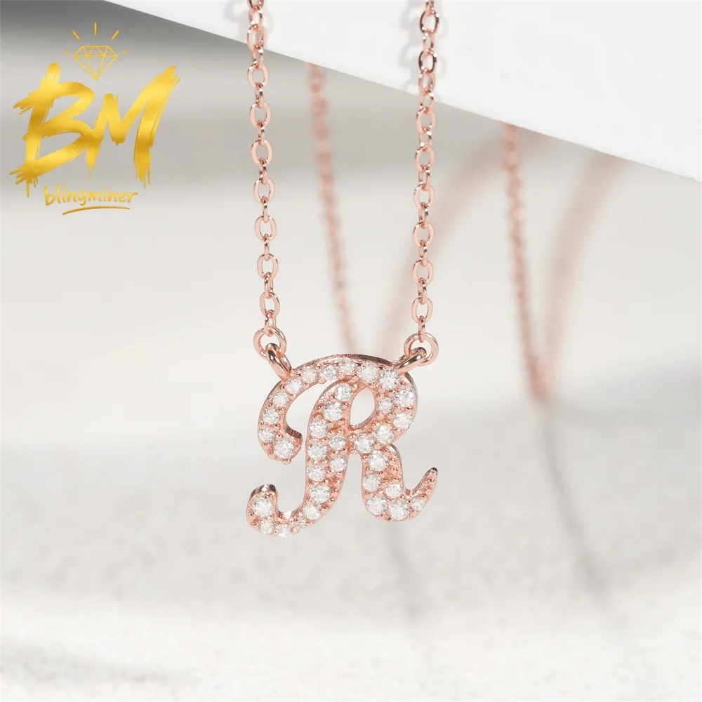 Blingminer Name Letter R S925 Silver VVS Moissanite Iced Out Pendant Necklaces For Women  Jewelry Pass Diamonds Tester GRA