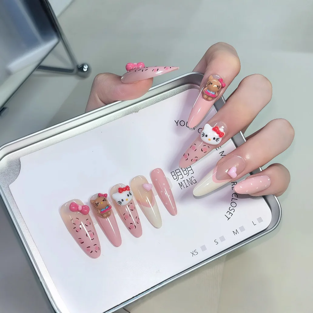 24 pièces 3D Kawaii Hello Kitty rose faux ongles mi-long français Aurora arc Kitty Ballet ongles conseils dessin animé Kitty acrylique faux ongles