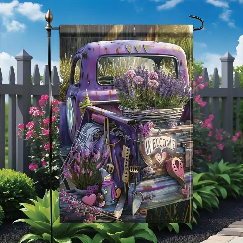 Purple Truck Garden Flag 12x18 Inch Double Sided for Outside Vintage Pickup with Lavender Flowers Yard Banner for Outdoor La GGO