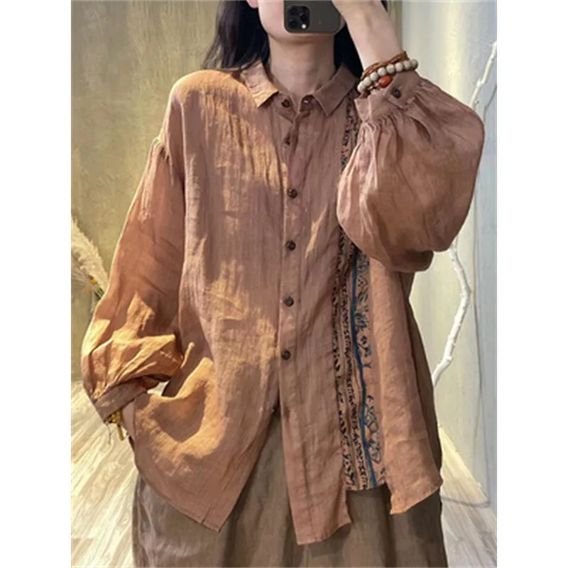 Nieuwe 2023 Lente Arts Stijl Vrouwen Lange Mouw Turn-Down Kraag Losse Shirt Katoen Linnen Patchwork Print Vintage Blouse tops C802