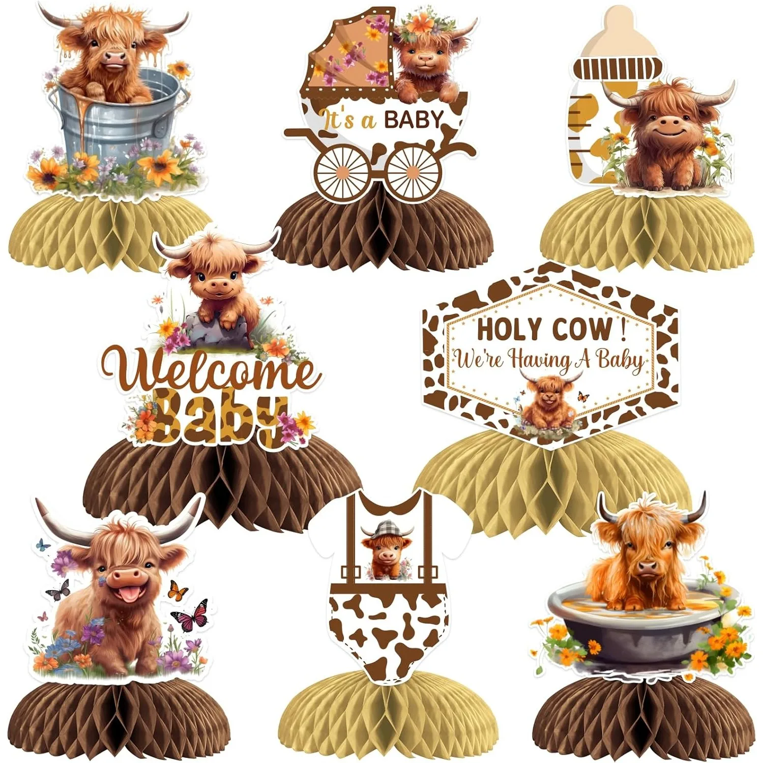 Centros de Mesa con Diseño de Panal de Abeja de Vaca Highland, Decoración '¡Qué Suerte! Estamos Teniendo un Bebé', Artículos para Fiestas de Cumpleaños con Temática de Granja Occidental y Ganado Highland