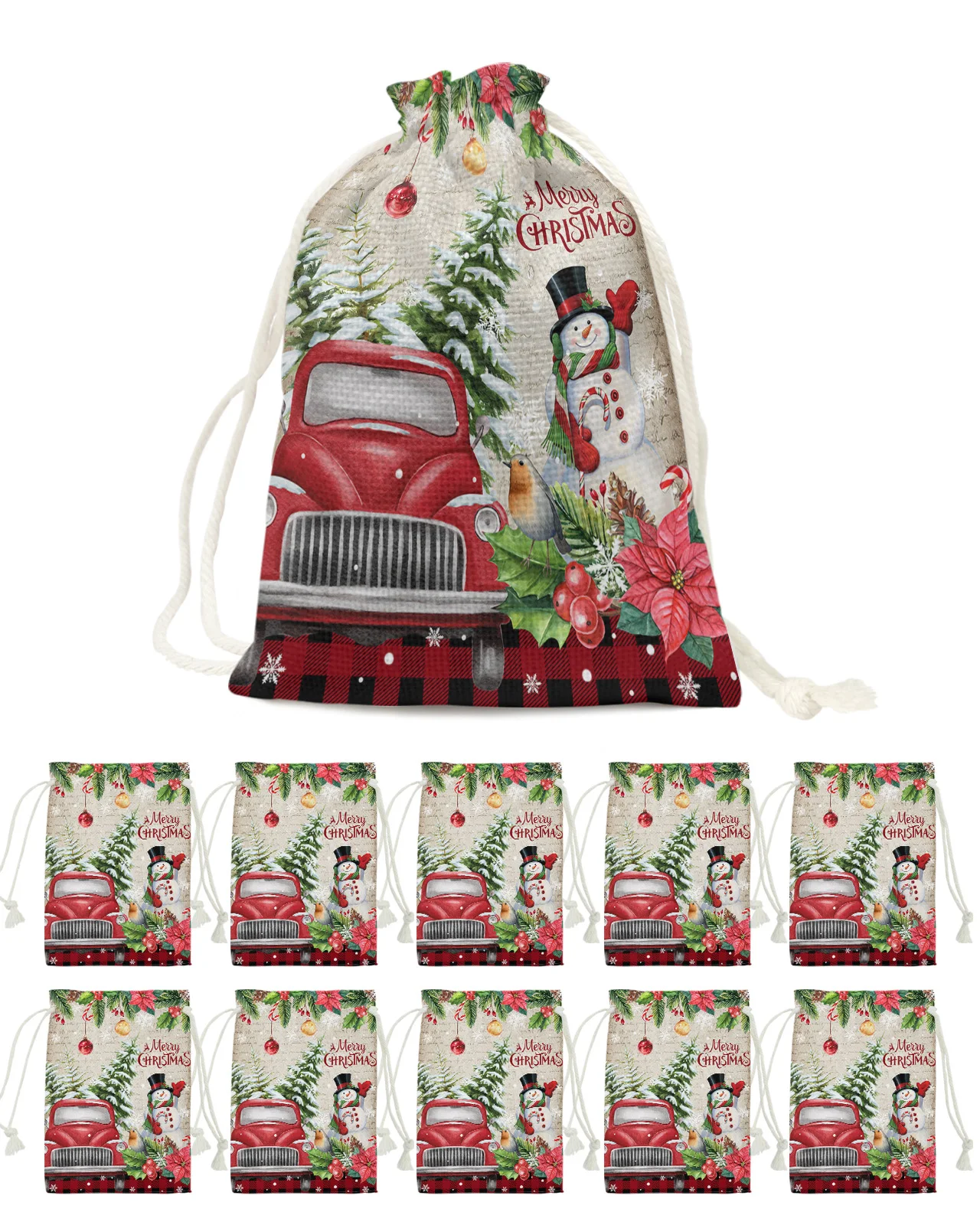 Christmas Snowflake Snowman Poinsettia Truck Candy Bags Santa Gift Bag Party Decor Navidad Xmas Linen Gift Bags Packing Supplies