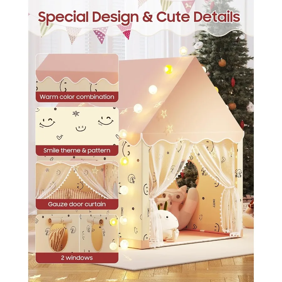 Jogue tenda interior playhouse conjunto com luzes da estrela bola luzes bandeiras coloridas borboletas rosa tenda para meninas criança castelo brinquedo h