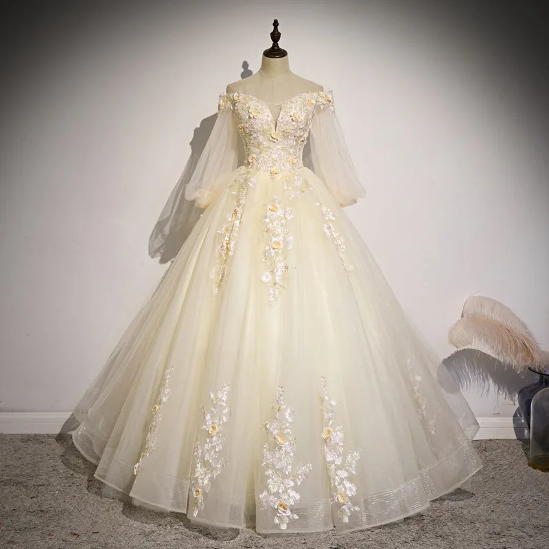 Customized Champagne Ball Gown Quinceanera Dresses Appliques Tulle Puff Sleeves Prom Birthday Party Gowns Formal Occasion