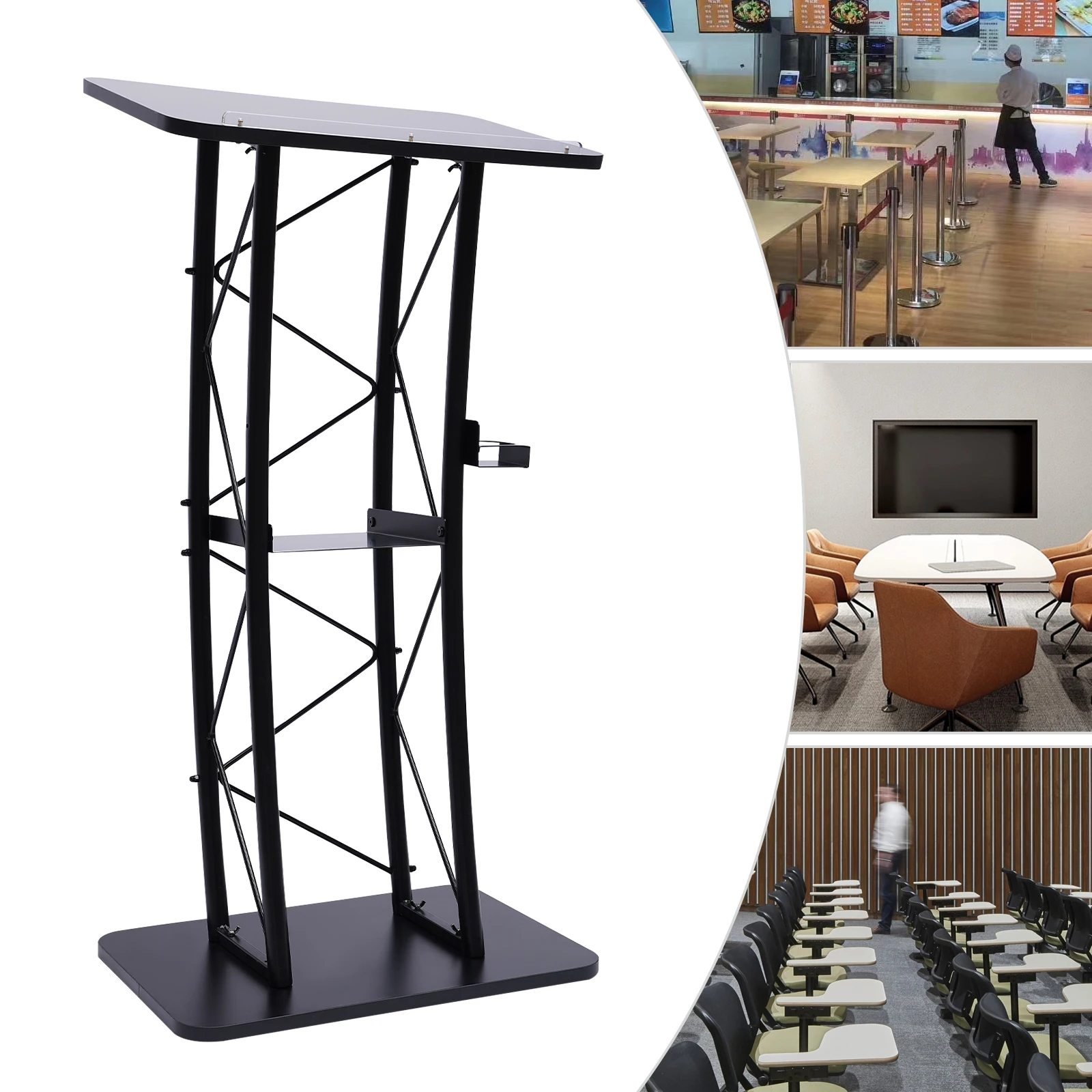 Iron Curved Podium Stand 47 Inch Pulpits Desktop with Storage Shelf Black Metal Welcome Table