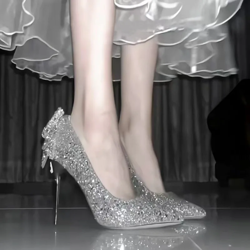 

Women's High Heels Bowknot Pumps Slip on Bling Crystal Party Shoes Silver Thin Heels Wedding Shoes Sexy Pointed Toe Women Shoes