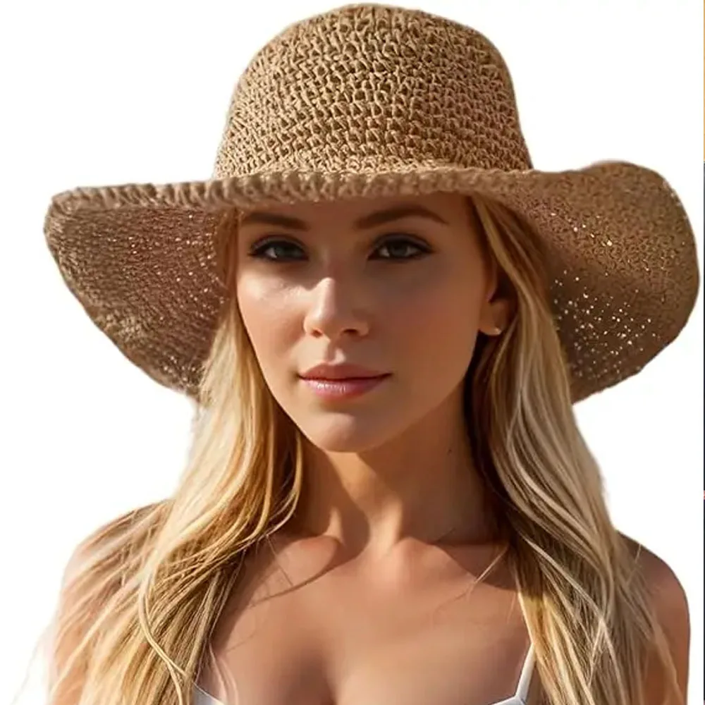 Floppy Big Beach Straw Hats for Women Foldable Summer Wide Brim Packable Sun Hat Womens Travel Straw Fedora Hat