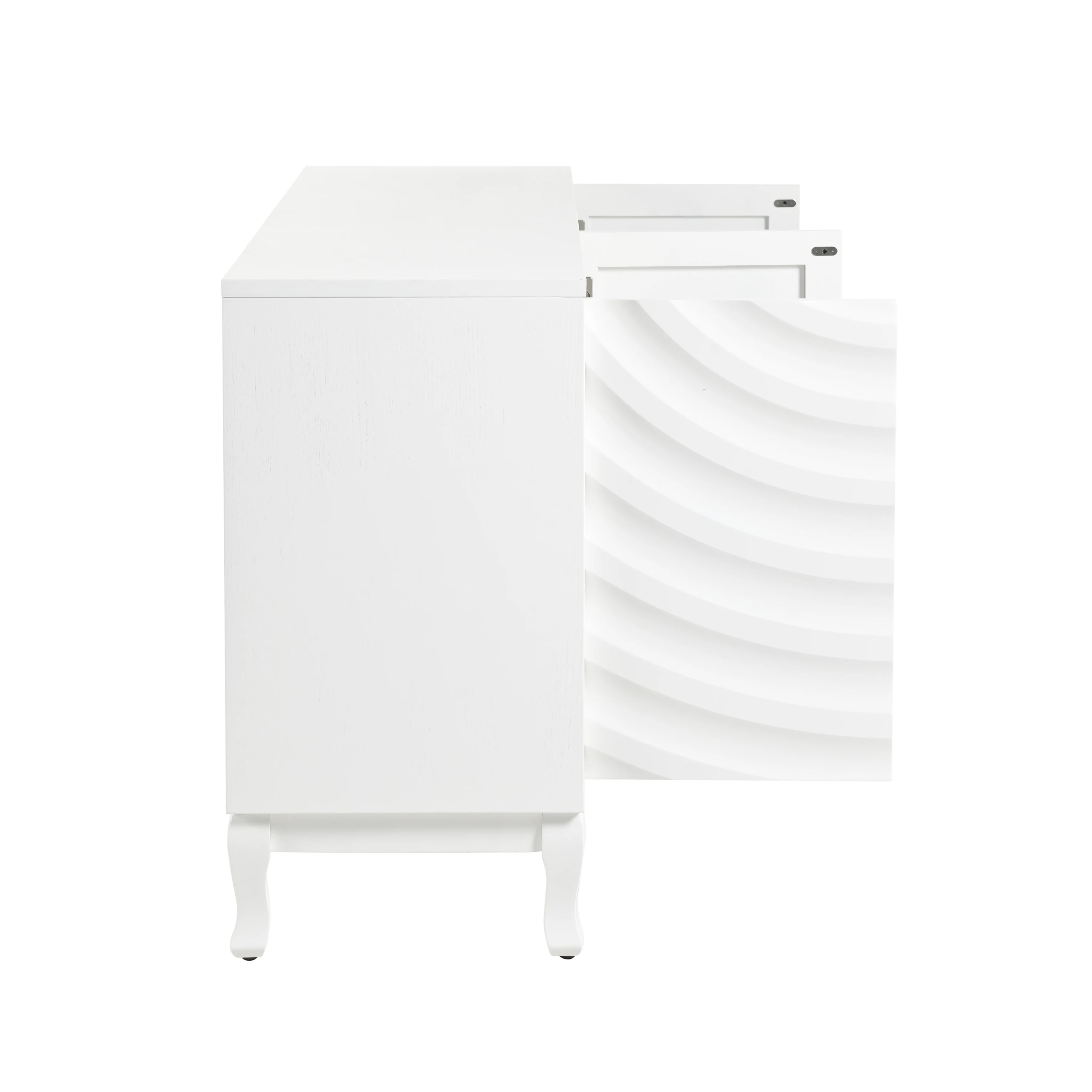 تتميز خزانة جانبية أنيقة بأبواب متموجة ومتطورة مع تصميم أخدود مقوس في تصميم أنيق بأربعة أبواب، قابل للتعديل