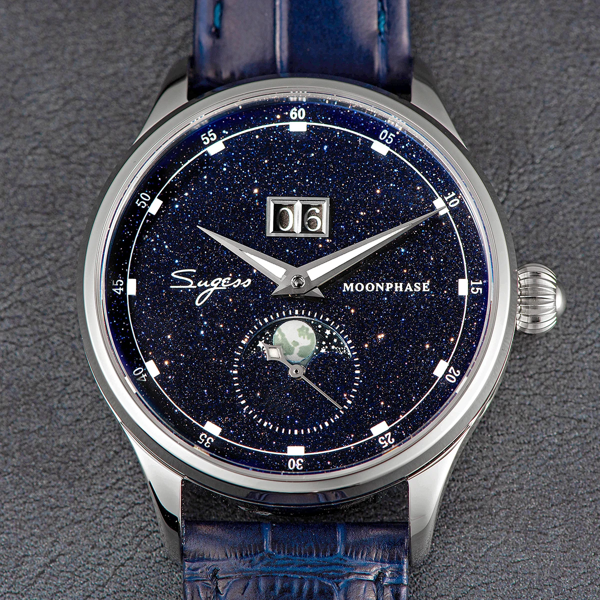 Sugess Moonphase Herrenuhr, 40 mm, automatische mechanische Armbanduhren, Origin ST2528, Uhrwerk, blaue Sandstein-Zifferblätter aus Edelstahl – Detail 6