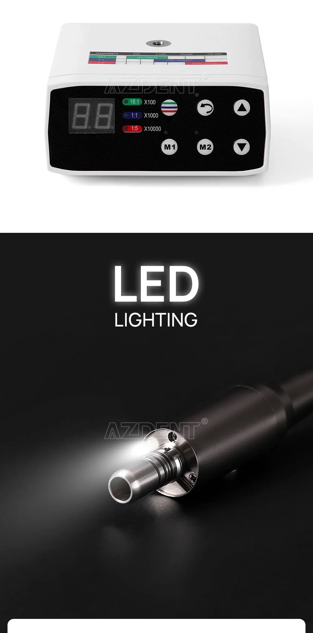 AZDENT Dental Elektrischer Mikromotor mit LED-Faseroptik, bürstenlos, interner Spray, passend für 1:1, 1:5, 16:1 Niedriggeschwindigkeits-Handstücke, klinisch – Detail 4