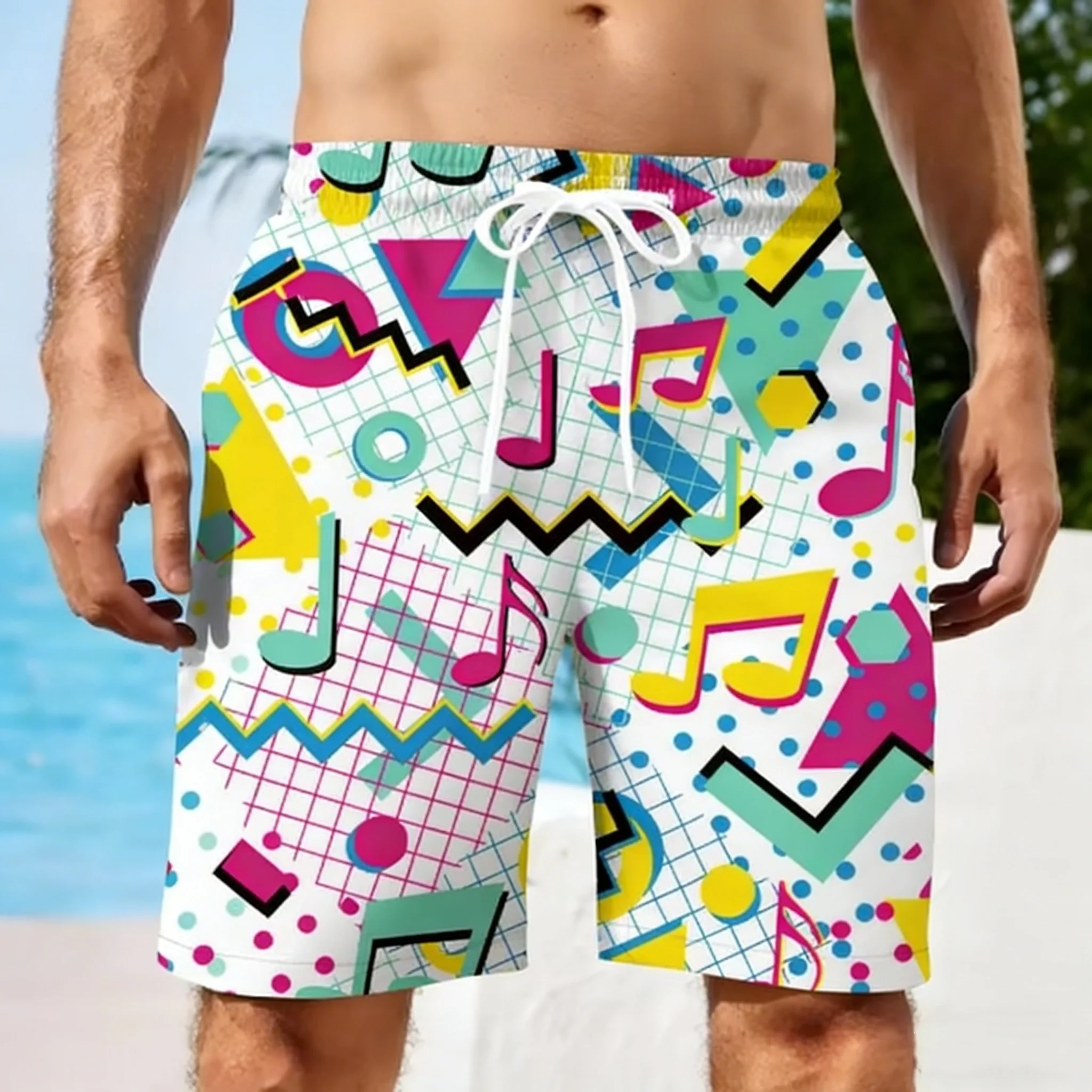 Men Summer  Short Vintage 80s Music  Art Hawaiian 3D Printed Shorts Men's Music Graphic Short Pants Breathable Swim Loose Shorts