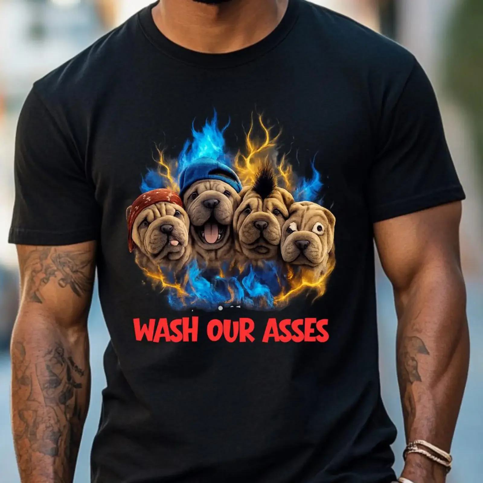 Funny Four Shar Pei Puppies Blue Flame Vintage T shirt Retro Casual Adult vintage Washed Unisex fashion homme Stretched