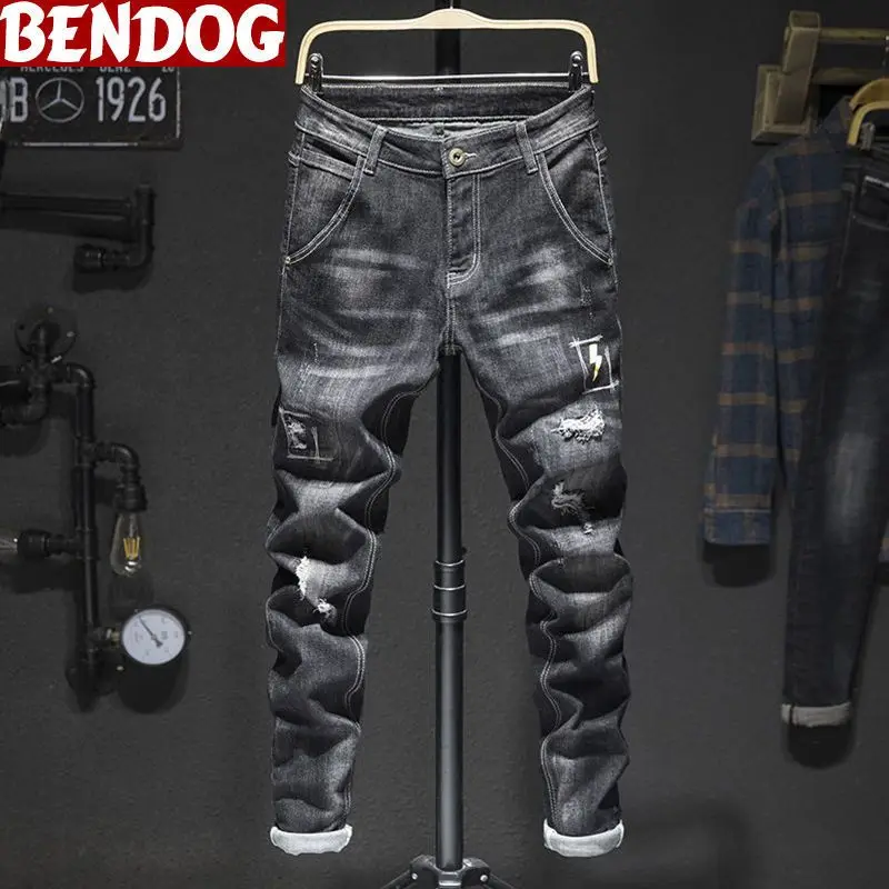 

Trendy Brand Ripped Jeans Men's Slim-fit Elastic Trousers 2026 New Korean Trendy Casual Versatile Long Pants Men Black Jeans