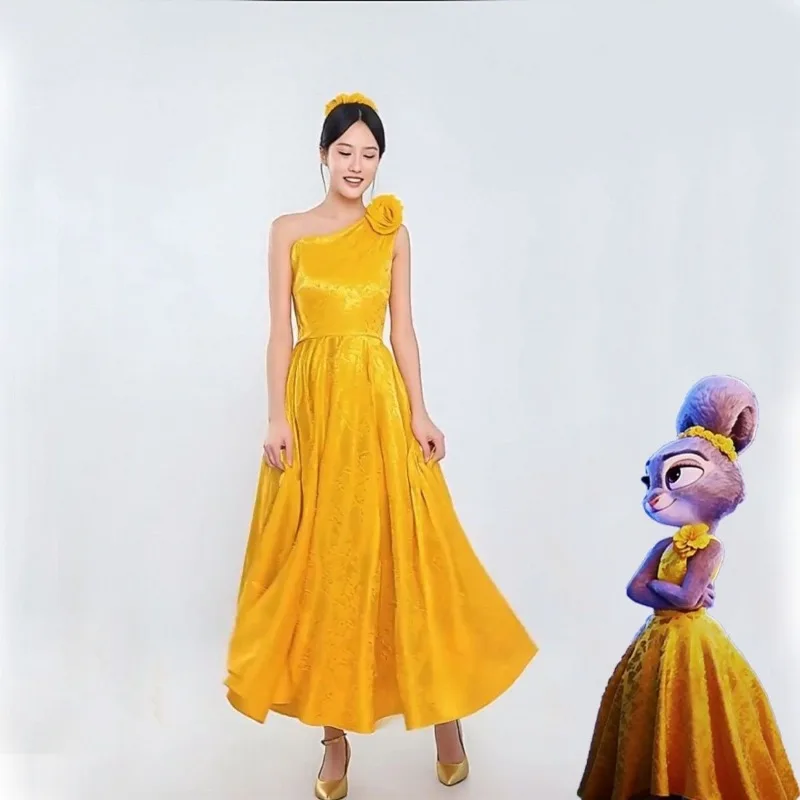 

Rabbit Officer Judy Cosplay Yellow Dress Headdress Halloween Costume Judy Costume Flower Dress Carnival Party Dress