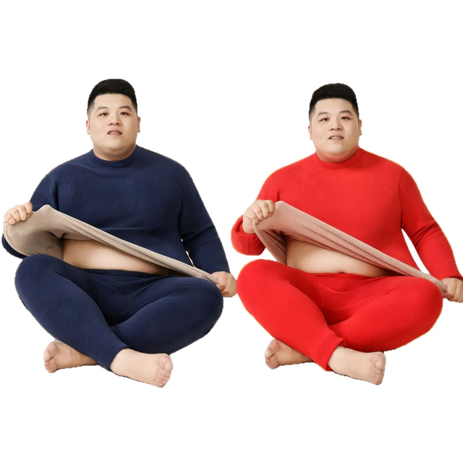 Thermal Underwear Women's Fattened and Enlarged Winter Men's New Fleece Thickened Lamb Fleece Crew Neck Set Long Johns