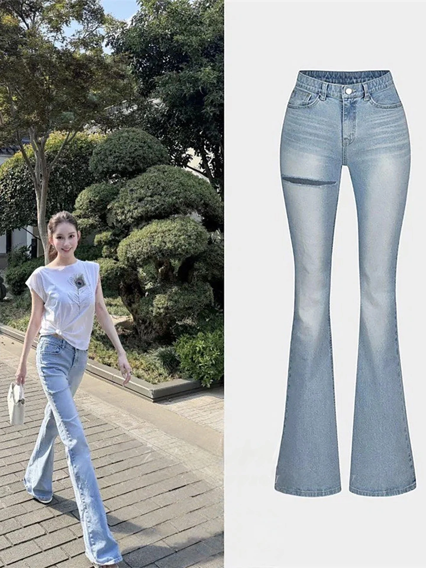 

High Waist Slim Fit Blue Jeans Women's Spring Summer New Style Asymmetric Hole Micro Flared Korean Style Cotton Stretch Denim