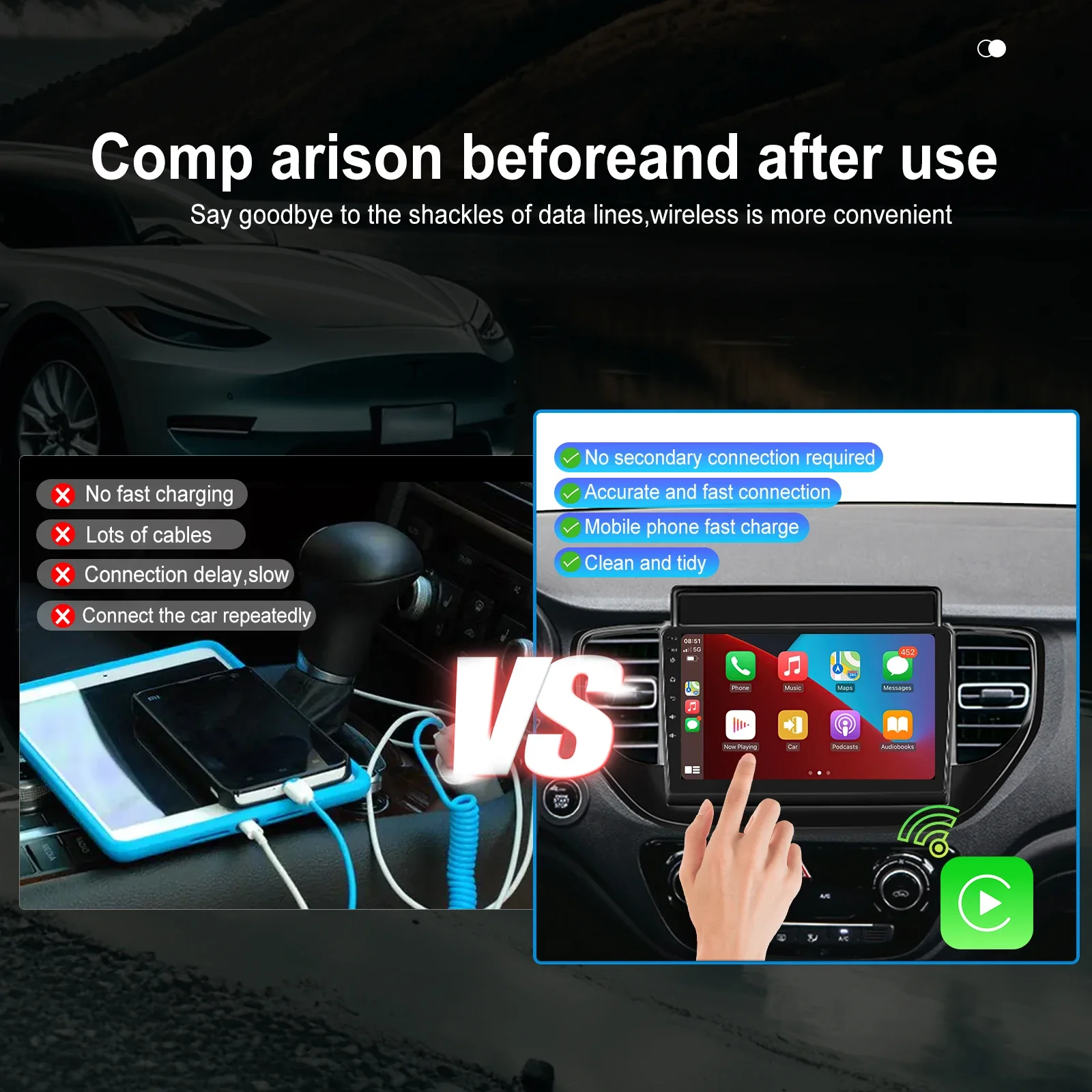 Podofo 유무선 카플레이 USB 어댑터, 애플 카플레이 및 시리 음성 제어, GPS 지원, 범용 폭스바겐 도요타 기아 닛산용