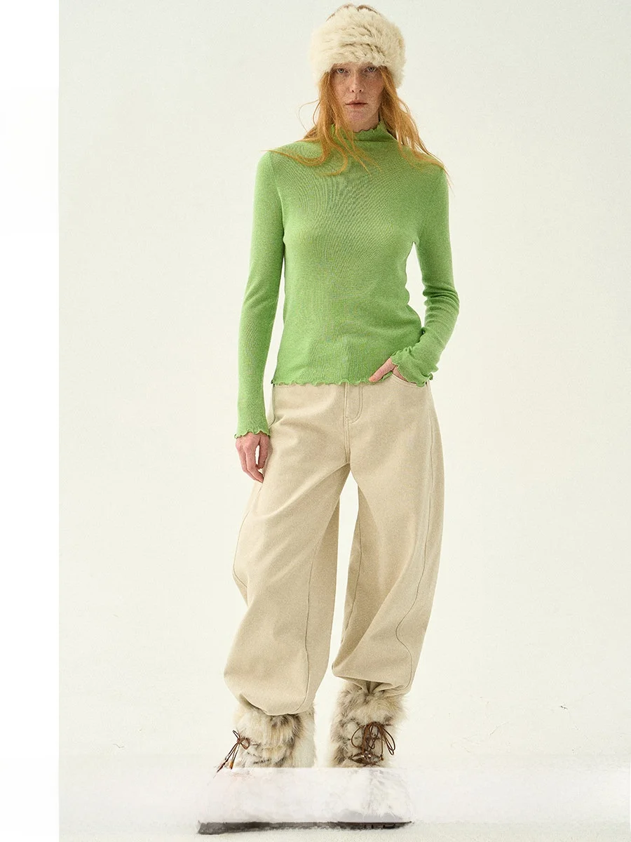 

TiaTia25 Winter New Festive Aosphere Fruit een Lotus Le Versatile Wool Blend High Collar Base irt Casual Slim Fit