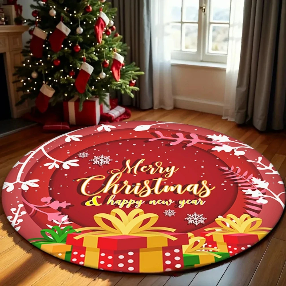 Festive Christmas Circle Rug with Santa and Rudolph Design Holiday Themed Floor Mat for Living Room Sofa Area Home Carpet Decor