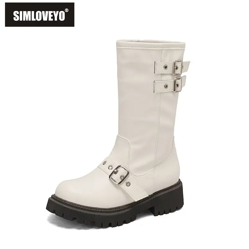 

SIMLOVEYO2025 Новые повседневные двойные женские ботинки до середины икры из флока, замша, круглый носок, квадратный каблук, молния, большой размер 46, 47, 48, осень