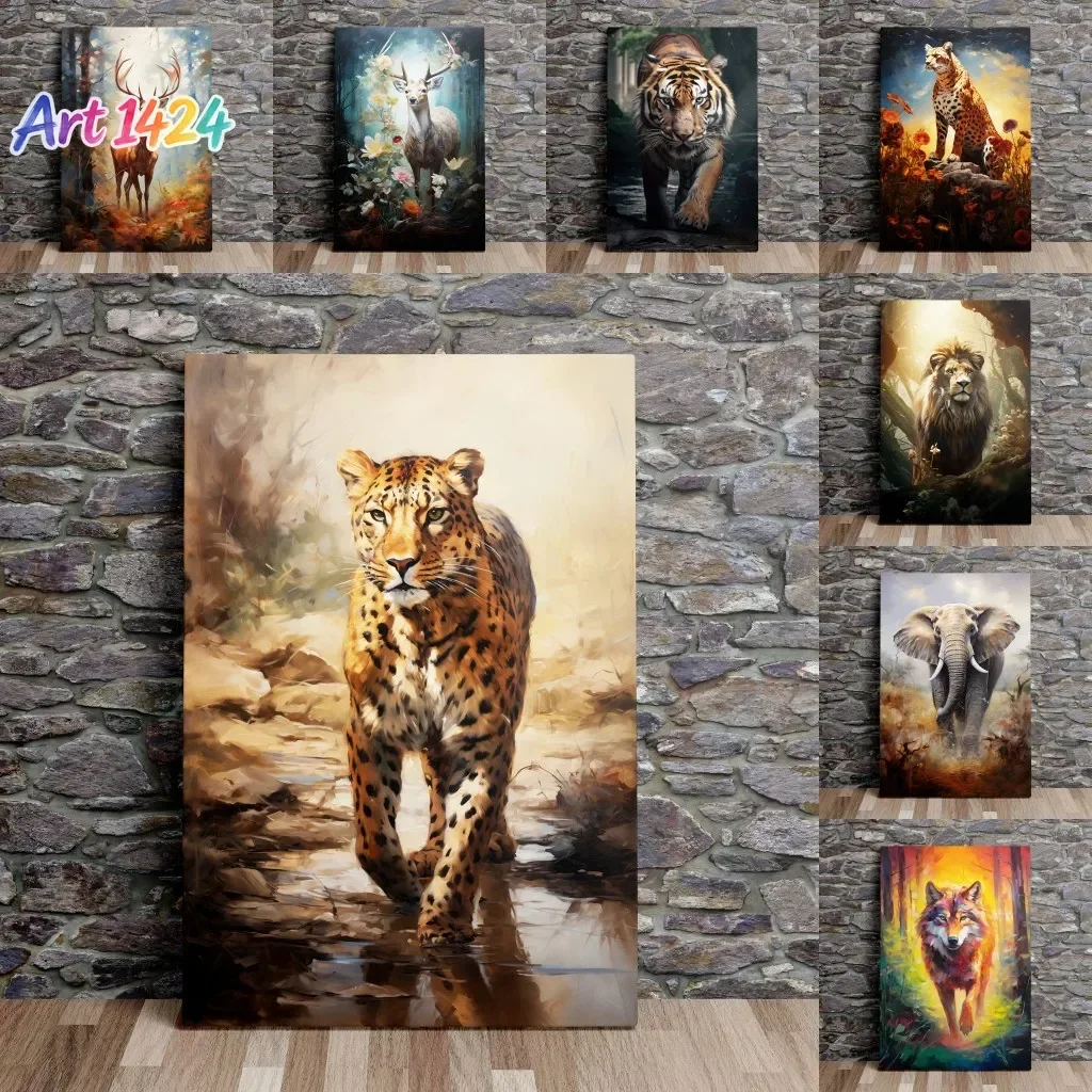 (1pc frameless)Natural Animal Wall Art Painting Forest Scenic Prowling Stag Tiger Cheetah Lion Elephant Wolf Canvas Print Liv