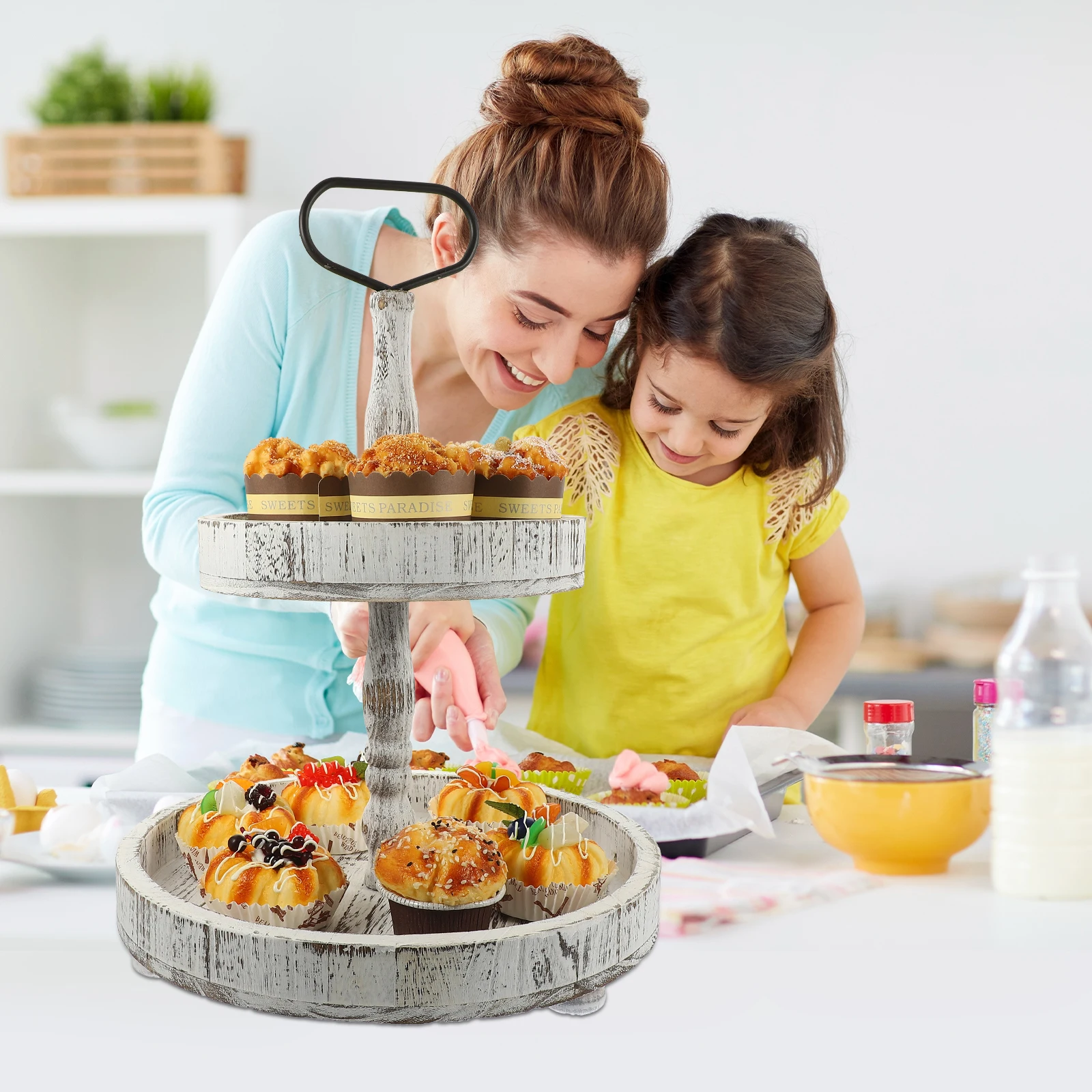 

1 set 2 Tier Wooden Cake Stand for Farmhouse Table Decor, Wood Iron Tiered Tray, Kitchen Centerpiece Serving Platter for Parties