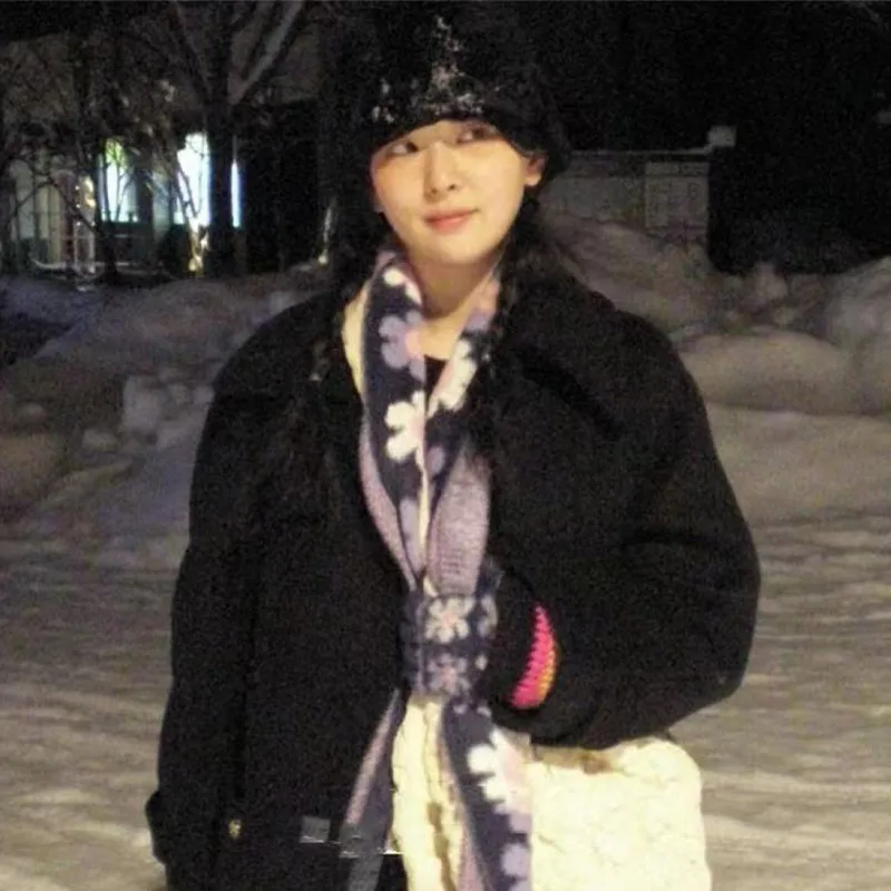 Syal Panjang Bulu Halus Ungu Motif Bunga untuk Wanita Musim Dingin, Gaya Lolita Korea, Hangat Tebal, Aksesoris Fashion untuk Sekolah, Kantor, Hadiah Festival