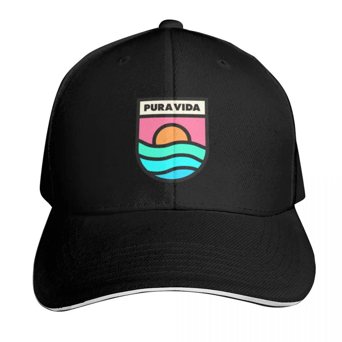 Pura Vida Retro Badge Black Lines Baseball Cap Cotton Twill Breathable Contrast Two Tone Brim Snapback Flat Bill