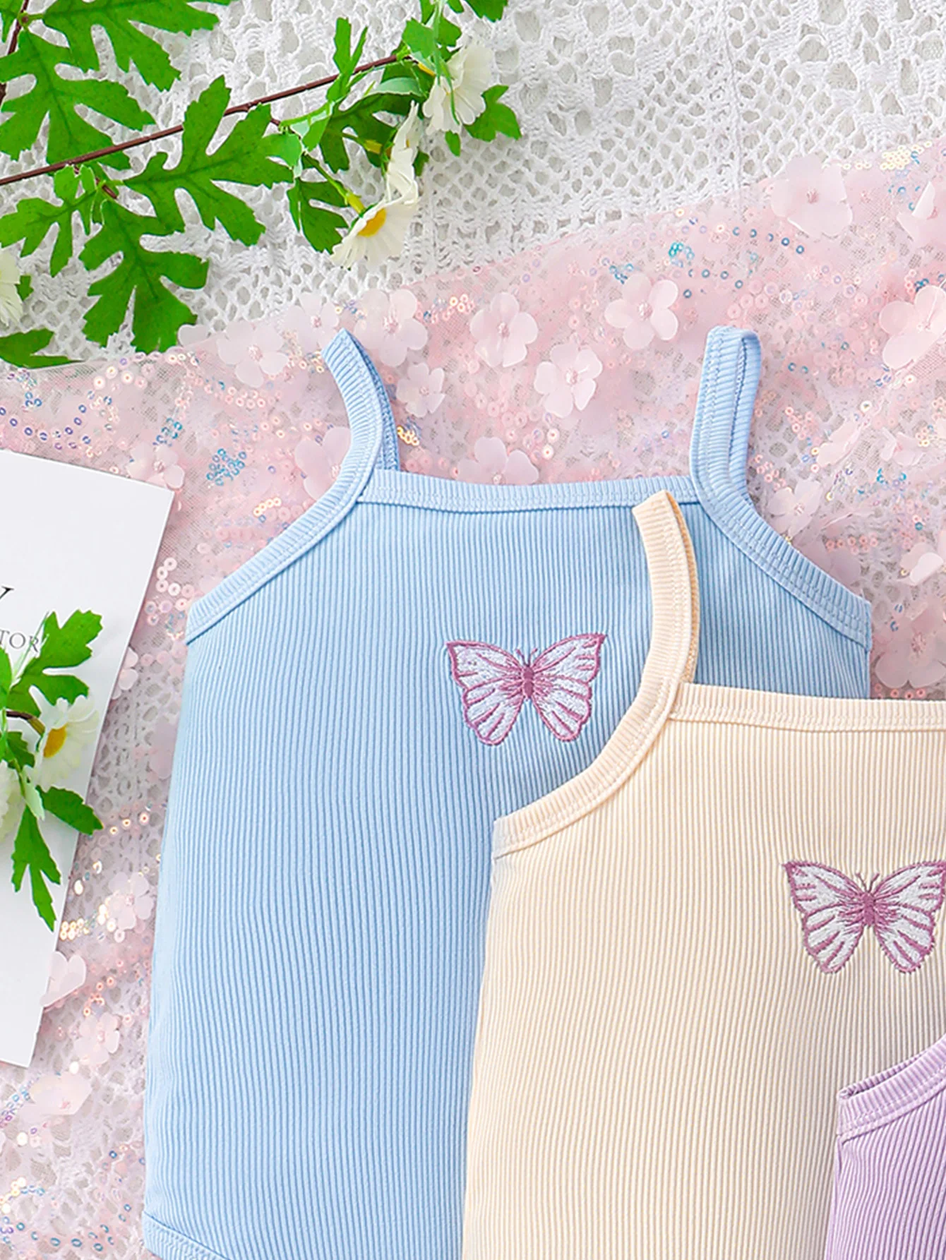 Three piece summer baby girl casual butterfly embroidery solid color pit stripe knitted fabric suspender triangle jumpsuit